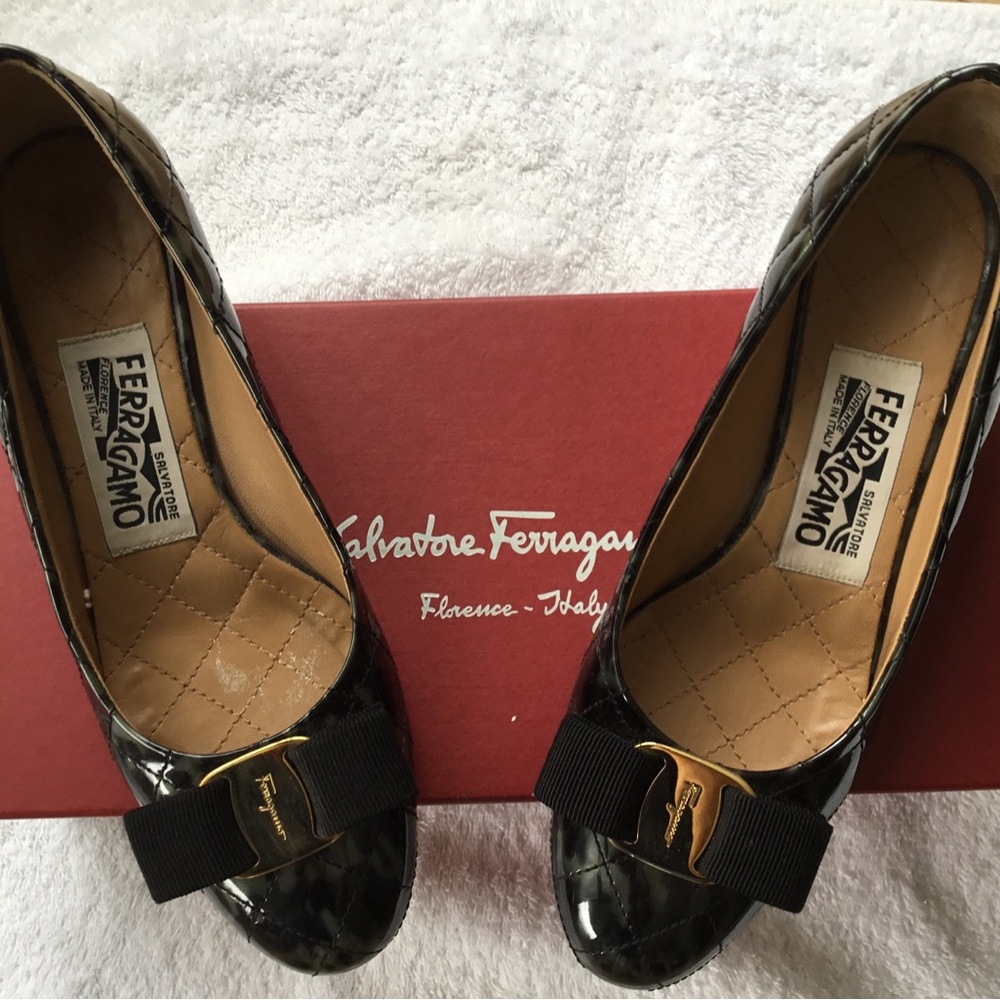 Salvatore Ferragamo Black Patent Vara Bow Flats with Gold Accent